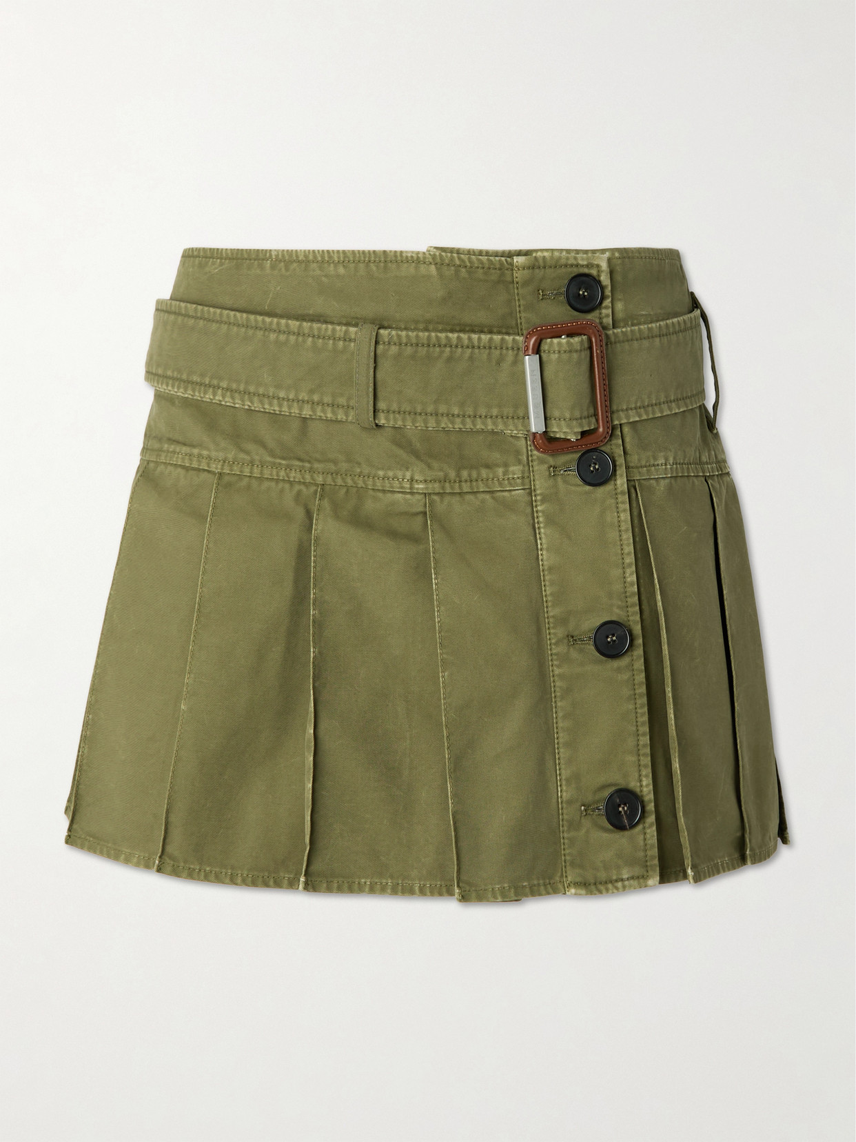 Alexander Mcqueen Belted Pleated Cotton-twill Mini Skirt In Green