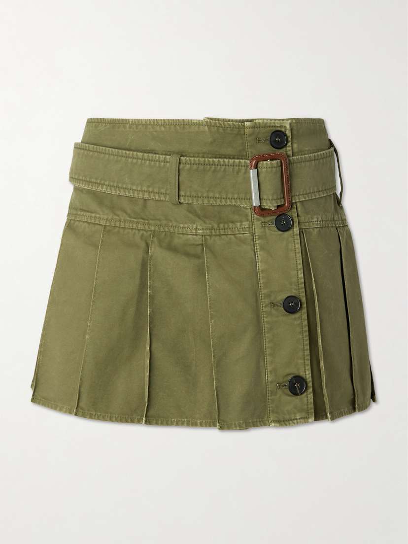 McQueen Belted Pleated Cotton-twill Mini Skirt