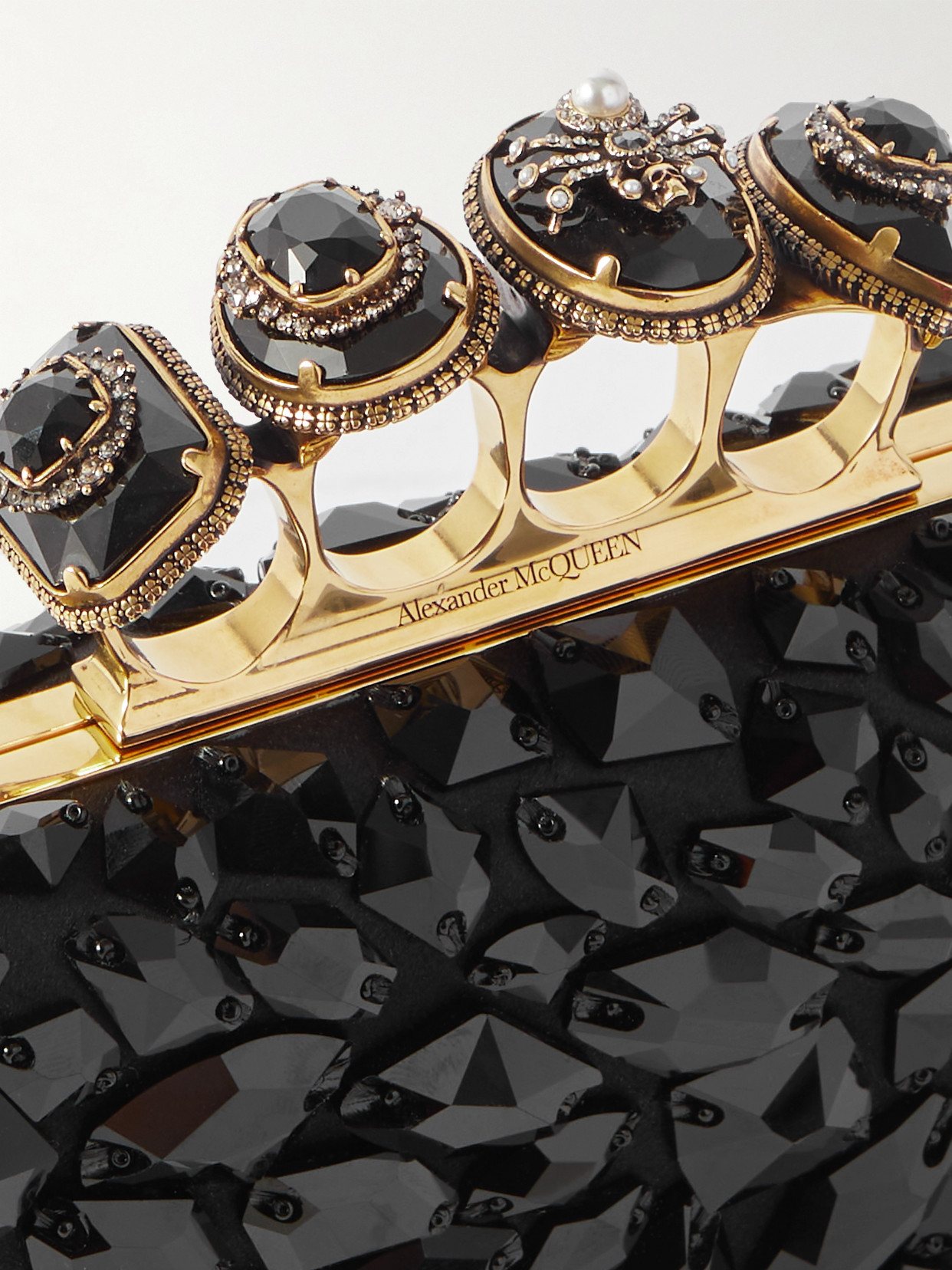 Alexander Mcqueen Skull Four Ring Embellished Satin Clutch In Black