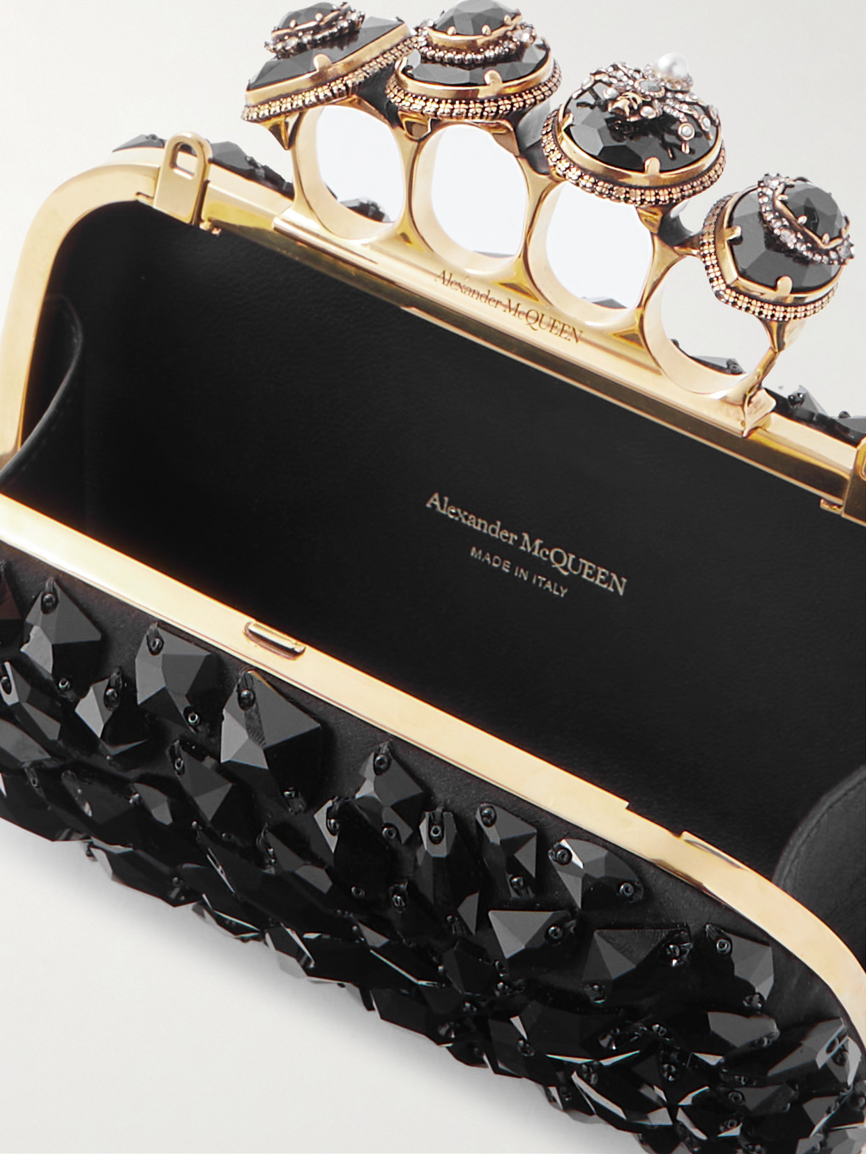 Alexander Mcqueen Skull Four Ring Embellished Satin Clutch In Black