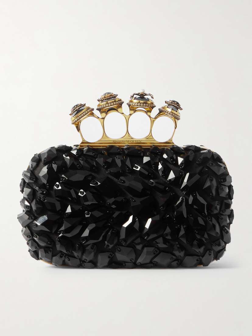 McQueen Skull Ring Knuckle Embellished Satin Clutch