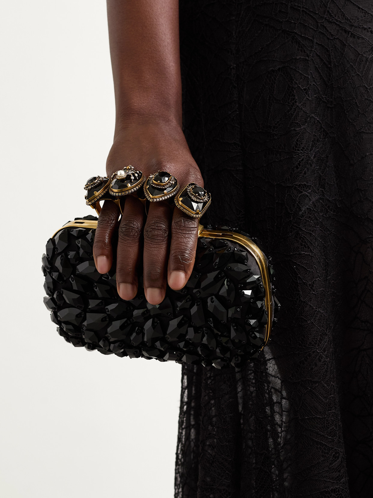 Alexander Mcqueen Skull Four Ring Embellished Satin Clutch In Black