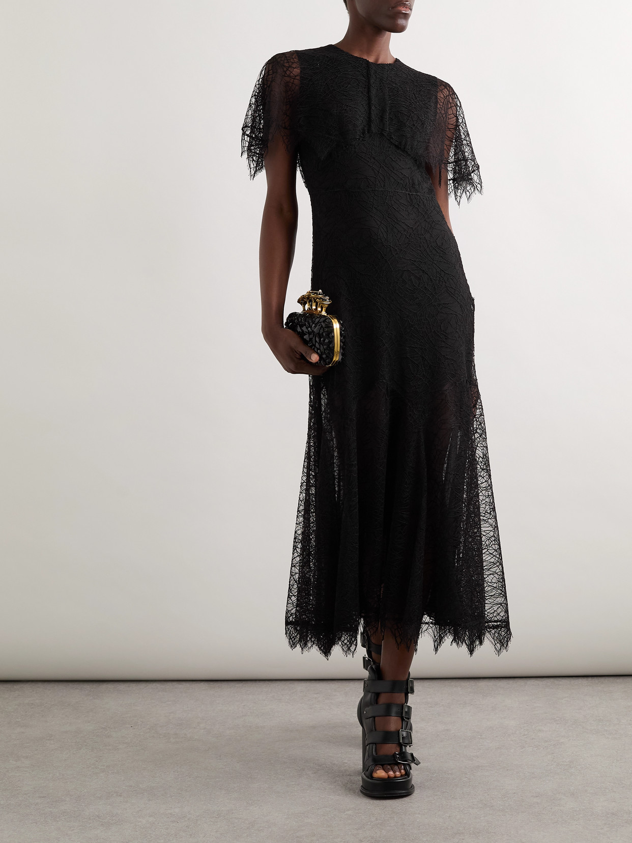 ALEXANDER MCQUEEN CAPE-EFFECT LACE MIDI DRESS