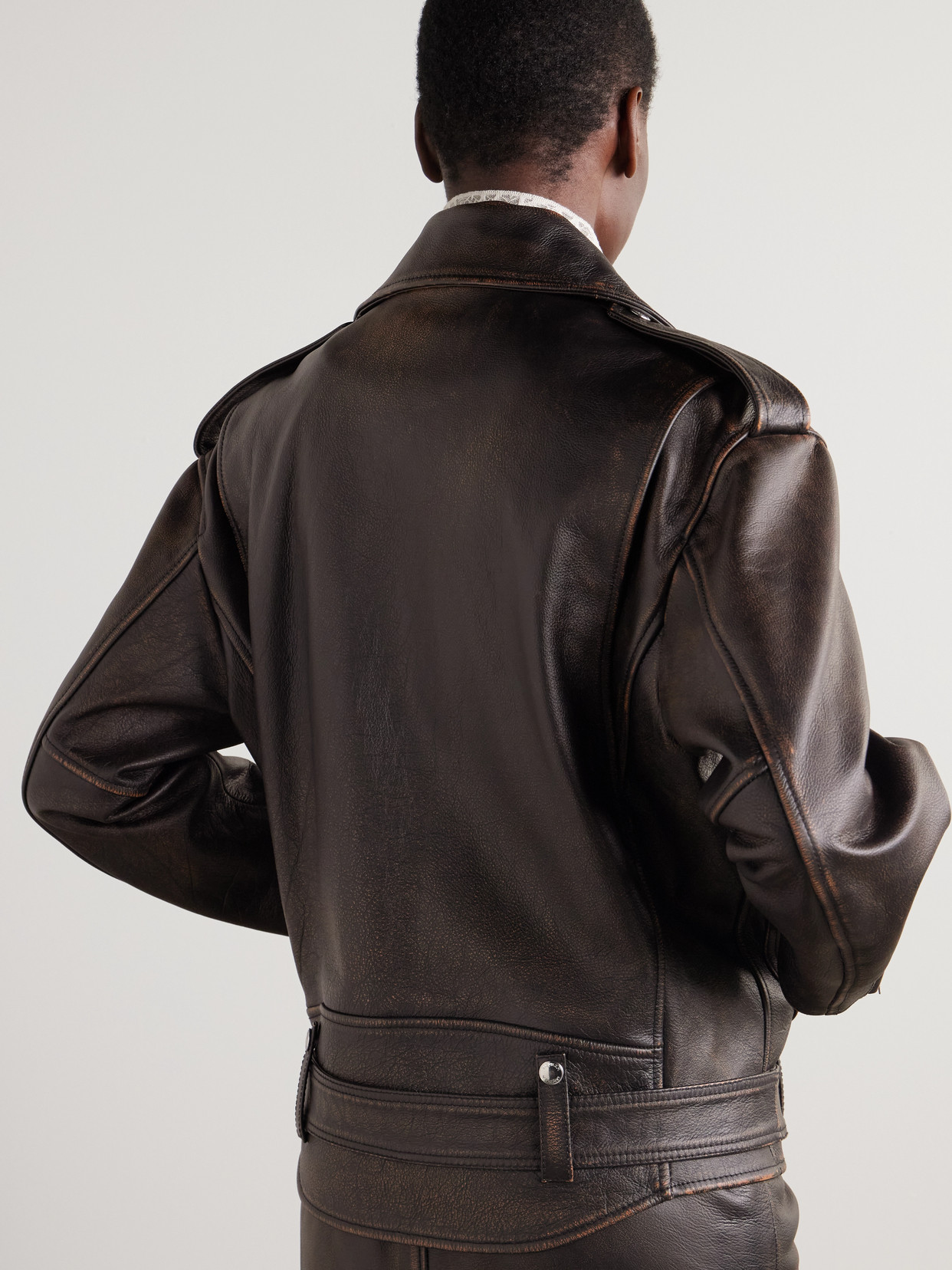 Alexander Mcqueen Peeling Leather Oversized Biker Jacket In Brown