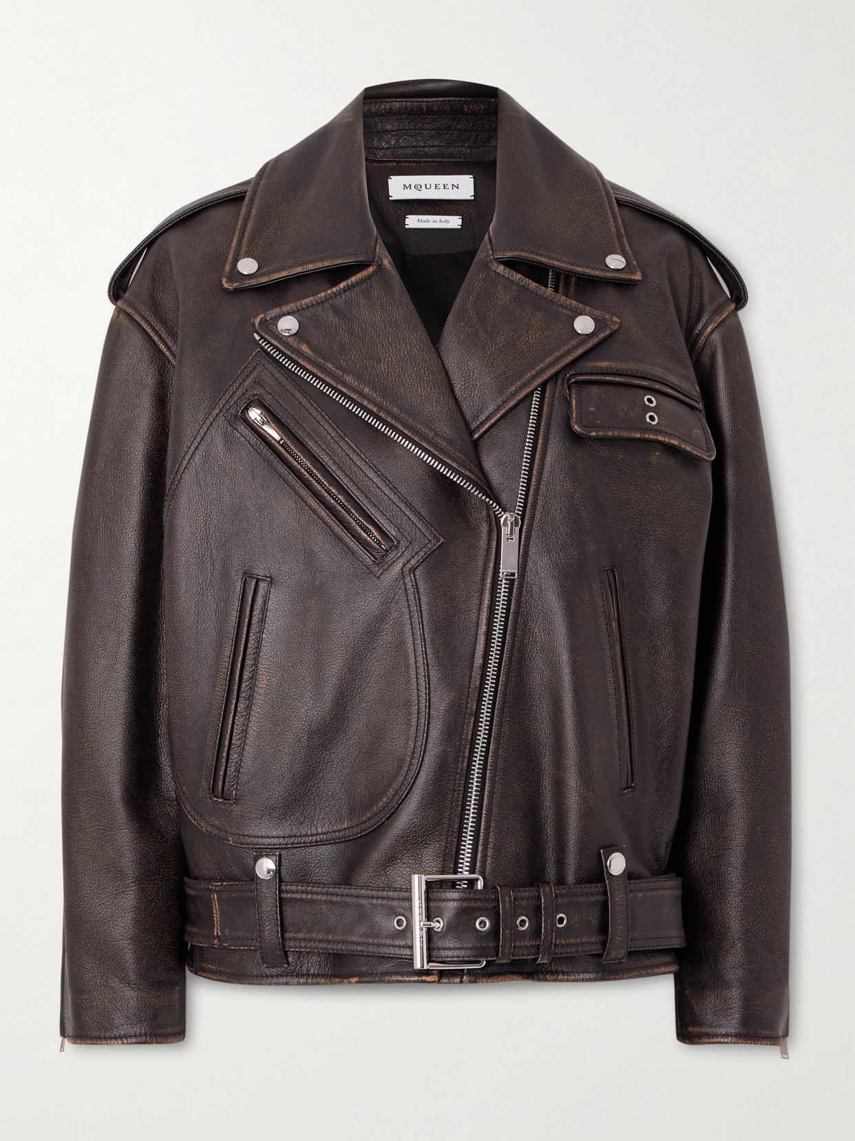 Alexander Mcqueen Peeling Leather Oversized Biker Jacket In Brown