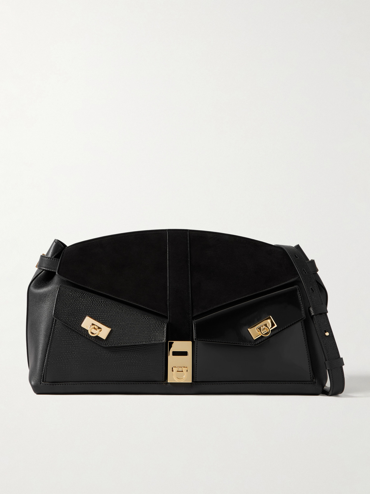 Ferragamo Hug Pouch Large Suede-trimmed Leather Shoulder Bag In Black