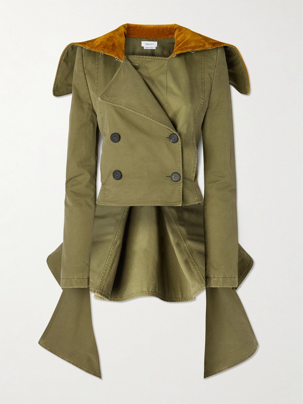 MCQUEEN - Asymmetric Double-breasted Cotton-twill And Velvet Jacket - Green