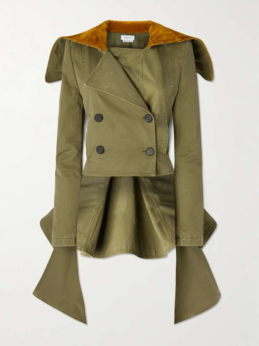 McQueen Asymmetric Double-breasted Cotton-twill And Velvet Jacket