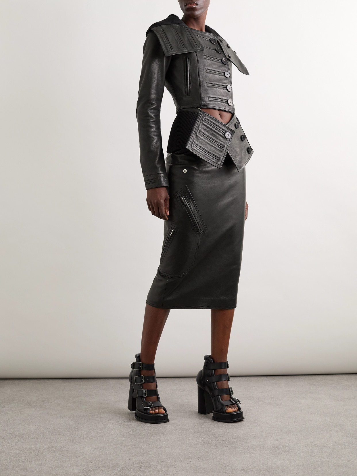 Alexander Mcqueen Leather Midi Skirt In Black