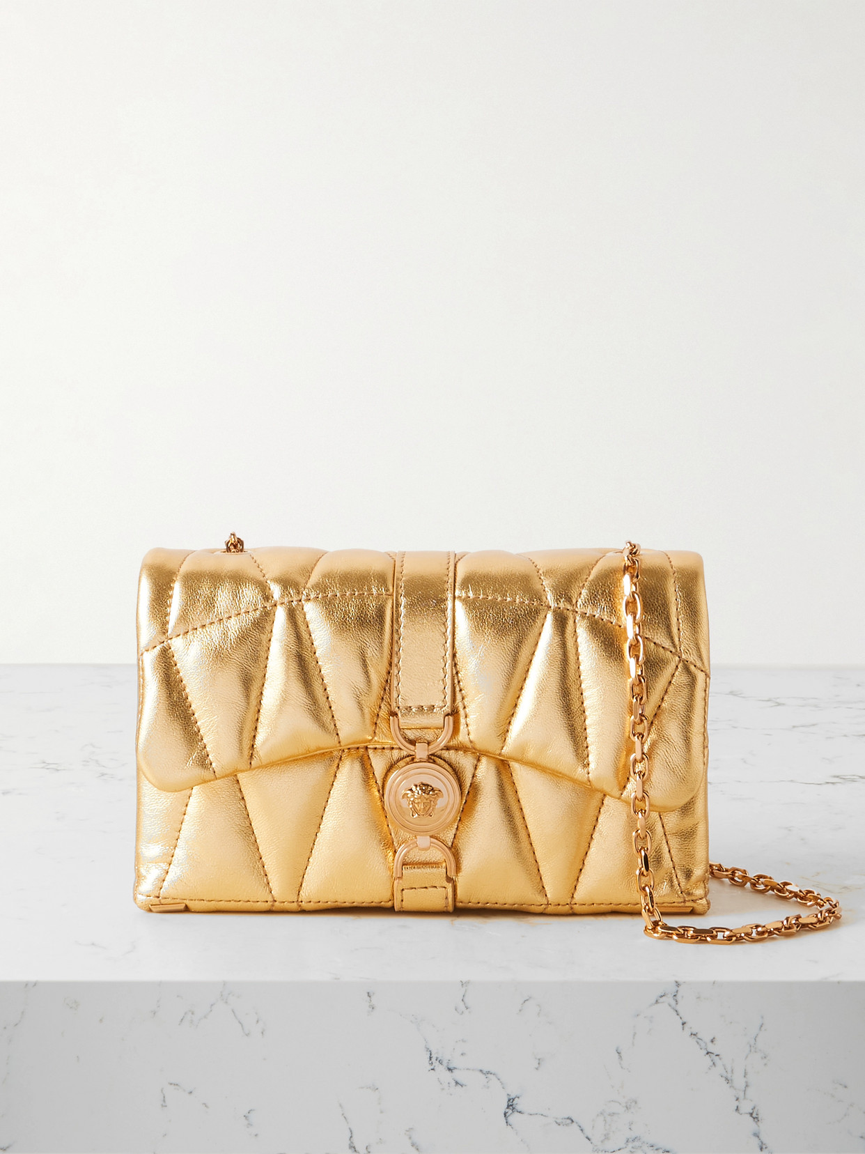 Versace Kleio Mini Metallic Matelassé Leather Shoulder Bag In Gold