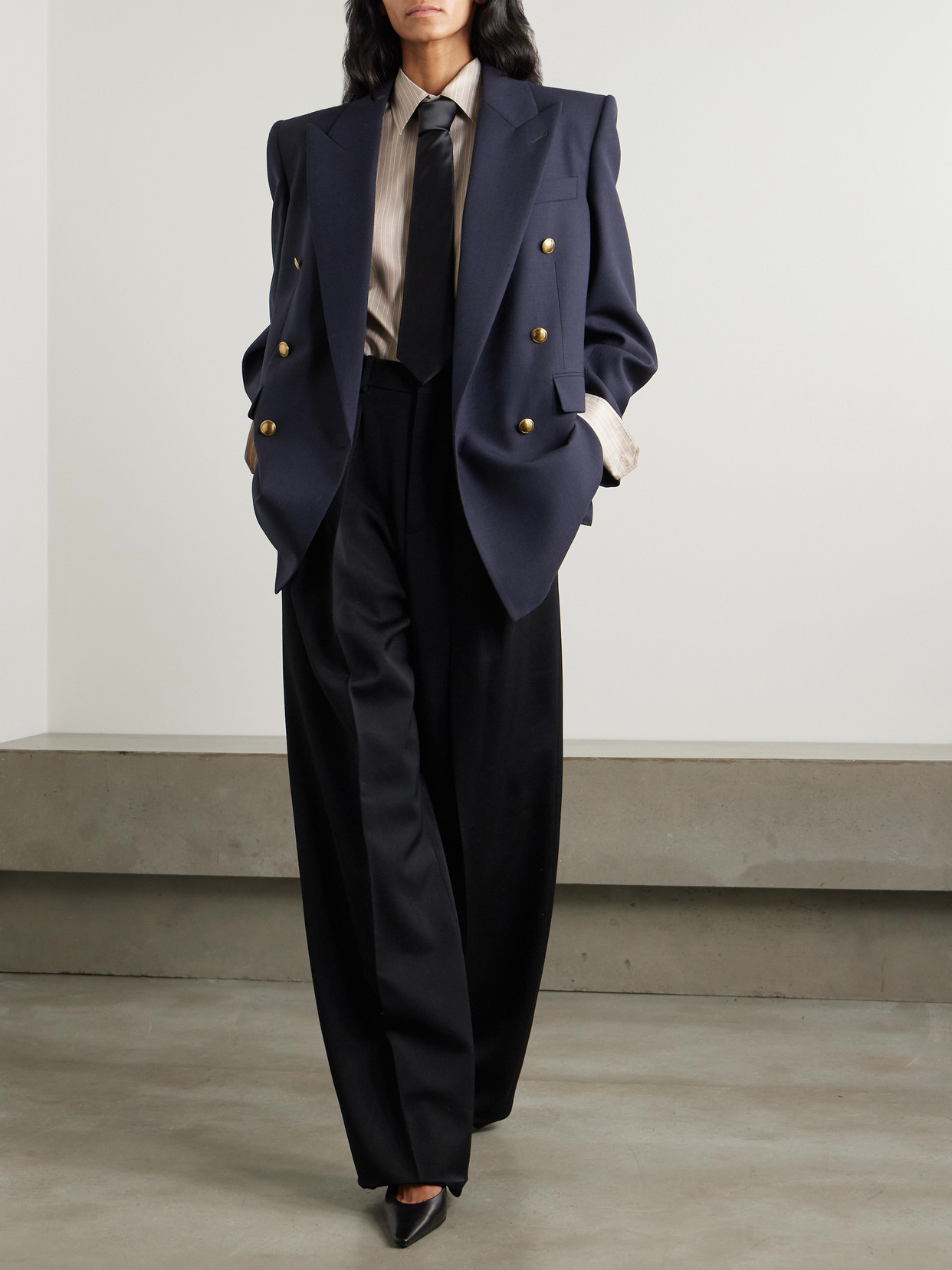 Saint Laurent Oversized Double-breasted Grain De Poudre Wool Blazer In Blue