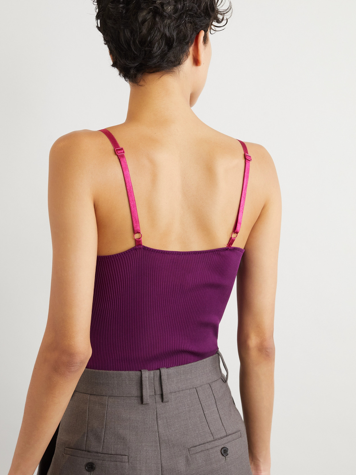 Saint Laurent Lace Tank Top In Ribbed Silk Jersey In Purple