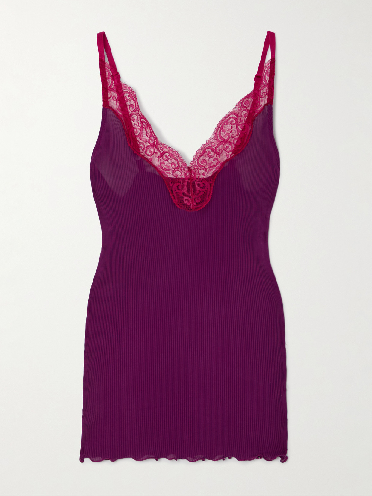 Saint Laurent Lace Tank Top In Ribbed Silk Jersey In Purple