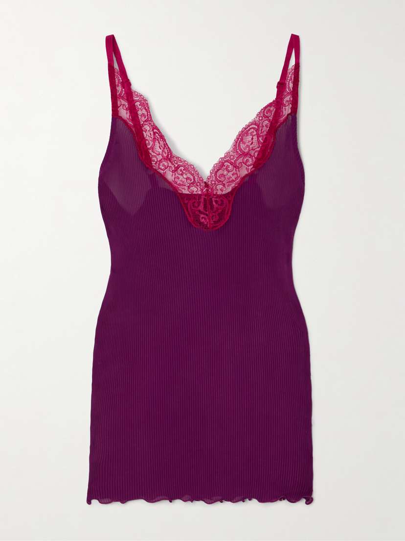 Saint Laurent Lace-trimmed Ribbed Silk Tank