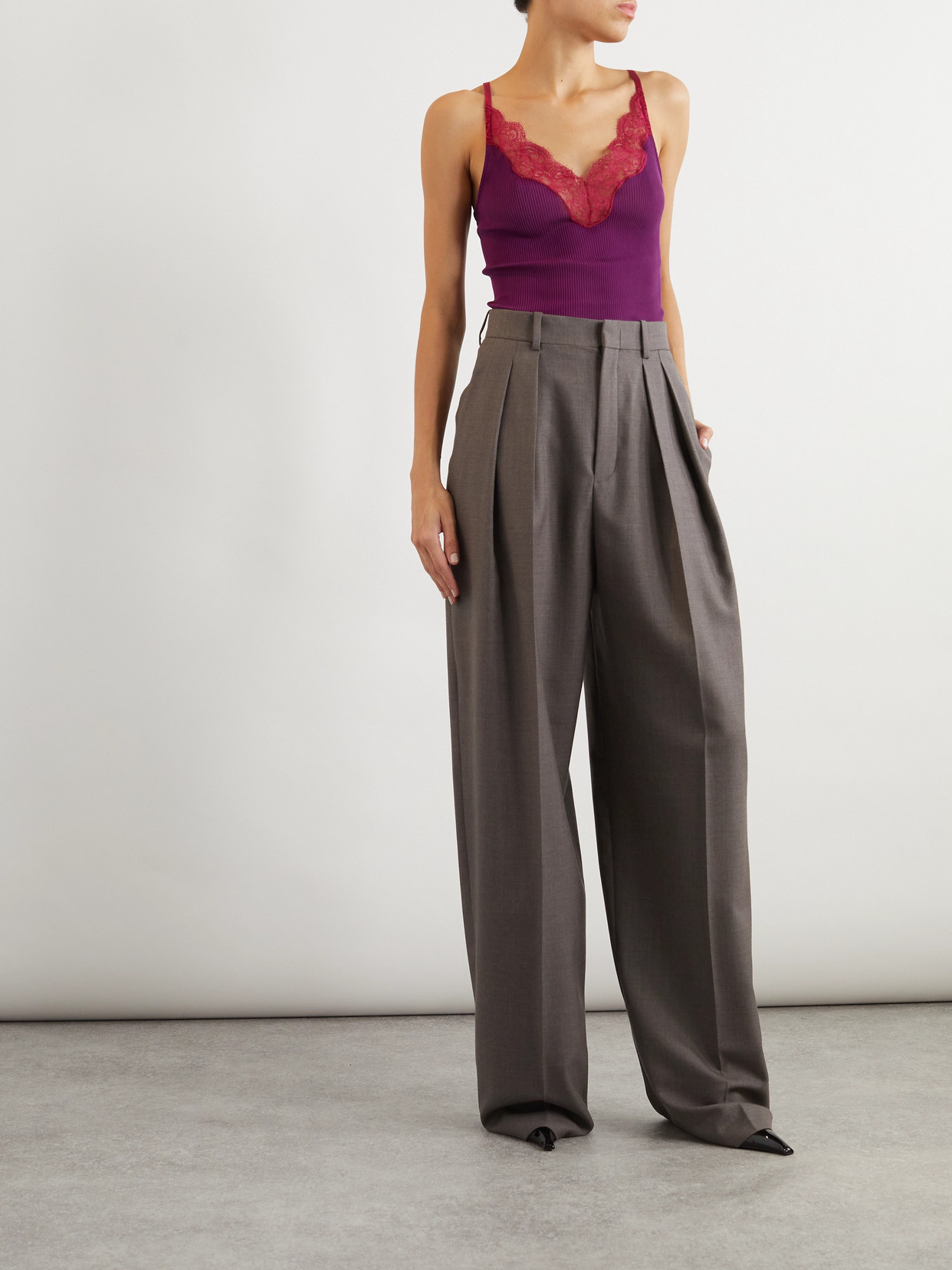 Saint Laurent Lace Tank Top In Ribbed Silk Jersey In Purple