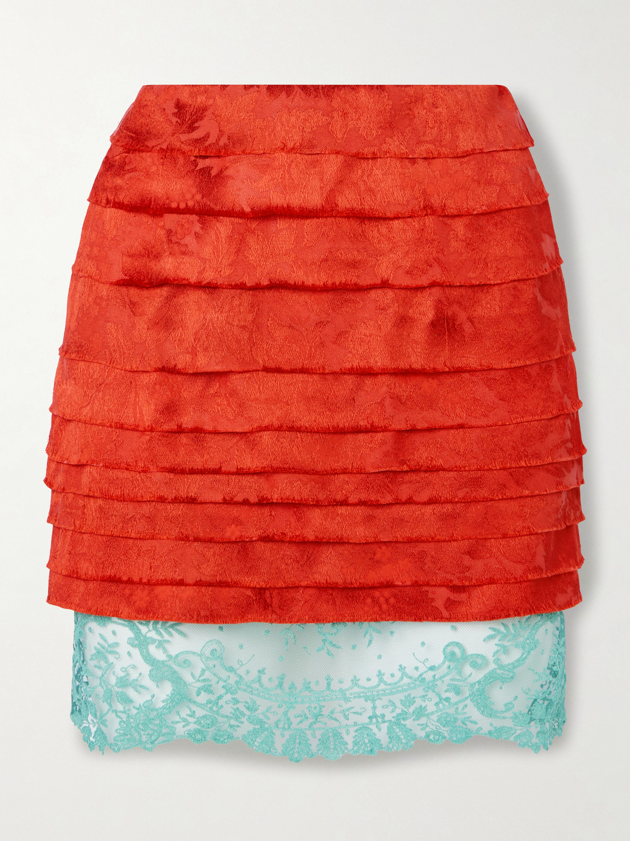 Saint Laurent Layered Cotton And Silk-blend Lace-trimmed Jacquard Mini Skirt In Orange