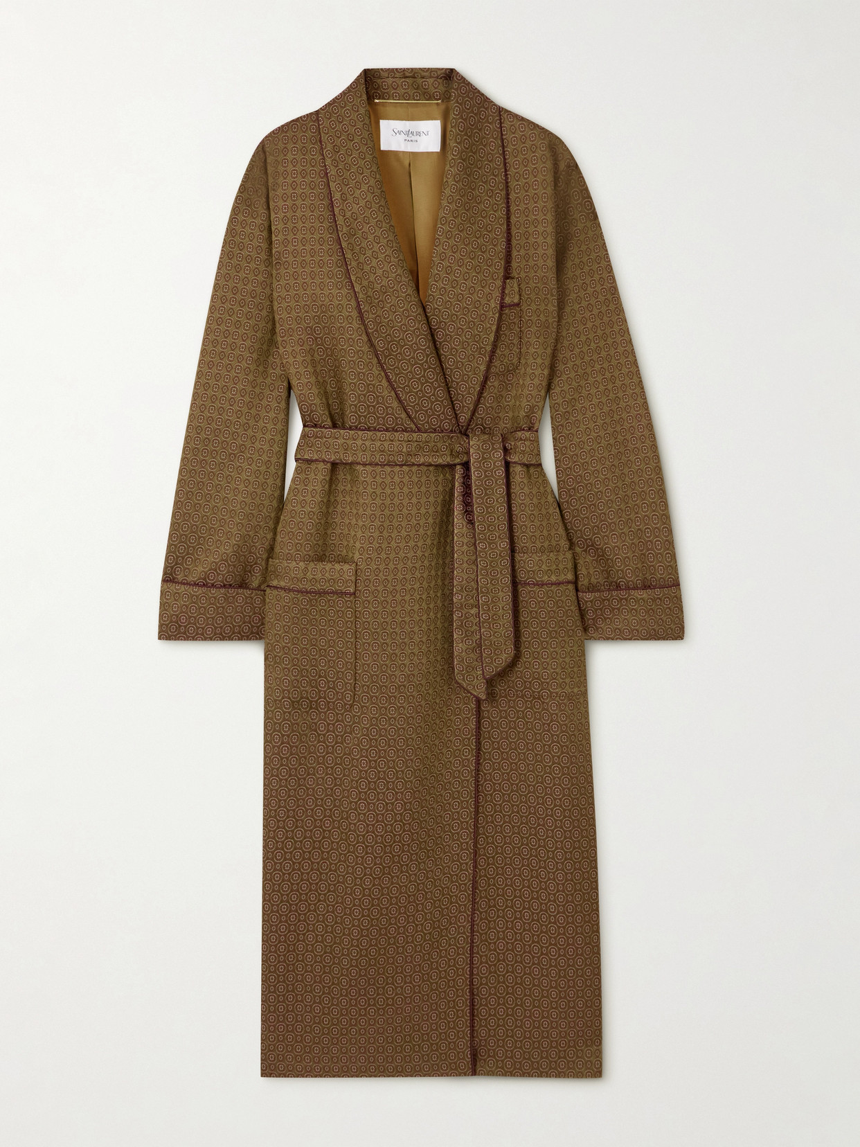 Saint Laurent Belted Jacquard Coat In Metallic