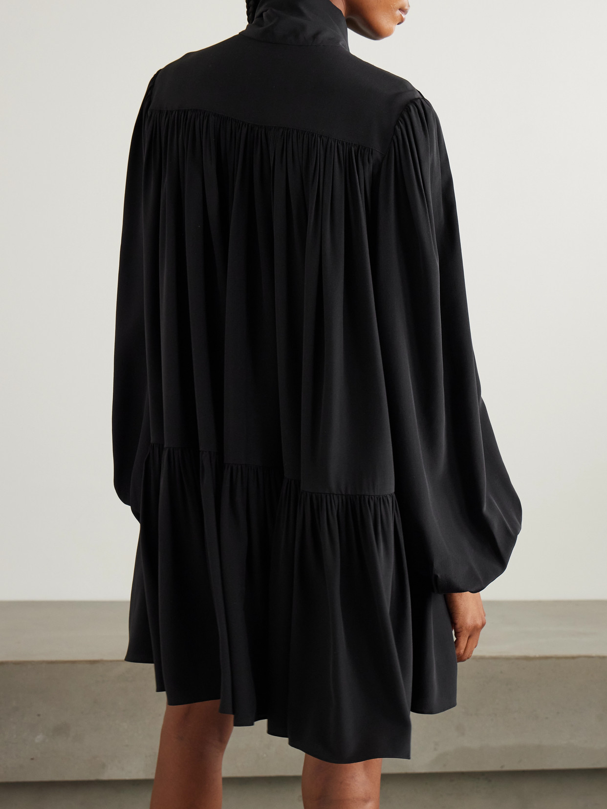 Saint Laurent Pussy-bow Gathered Silk Crepe De Chine Mini Dress In Black
