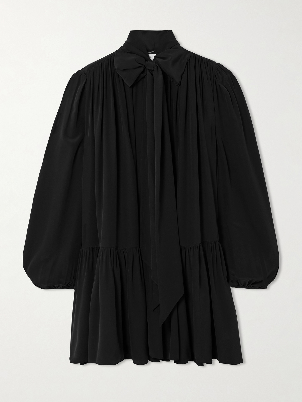 Saint Laurent Pussy-bow Gathered Silk Crepe De Chine Mini Dress In Black