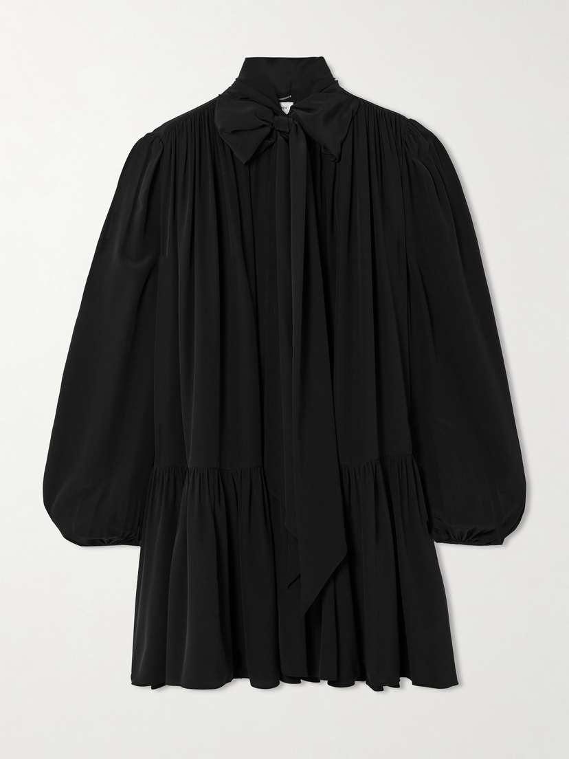 Saint Laurent Pussy-bow Gathered Silk Crepe De Chine Mini Dress