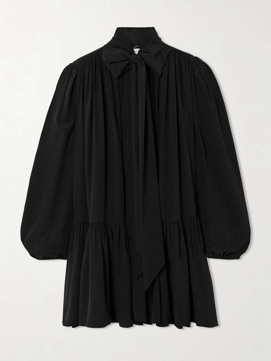 pussy-bow gathered silk crepe de chine mini dress