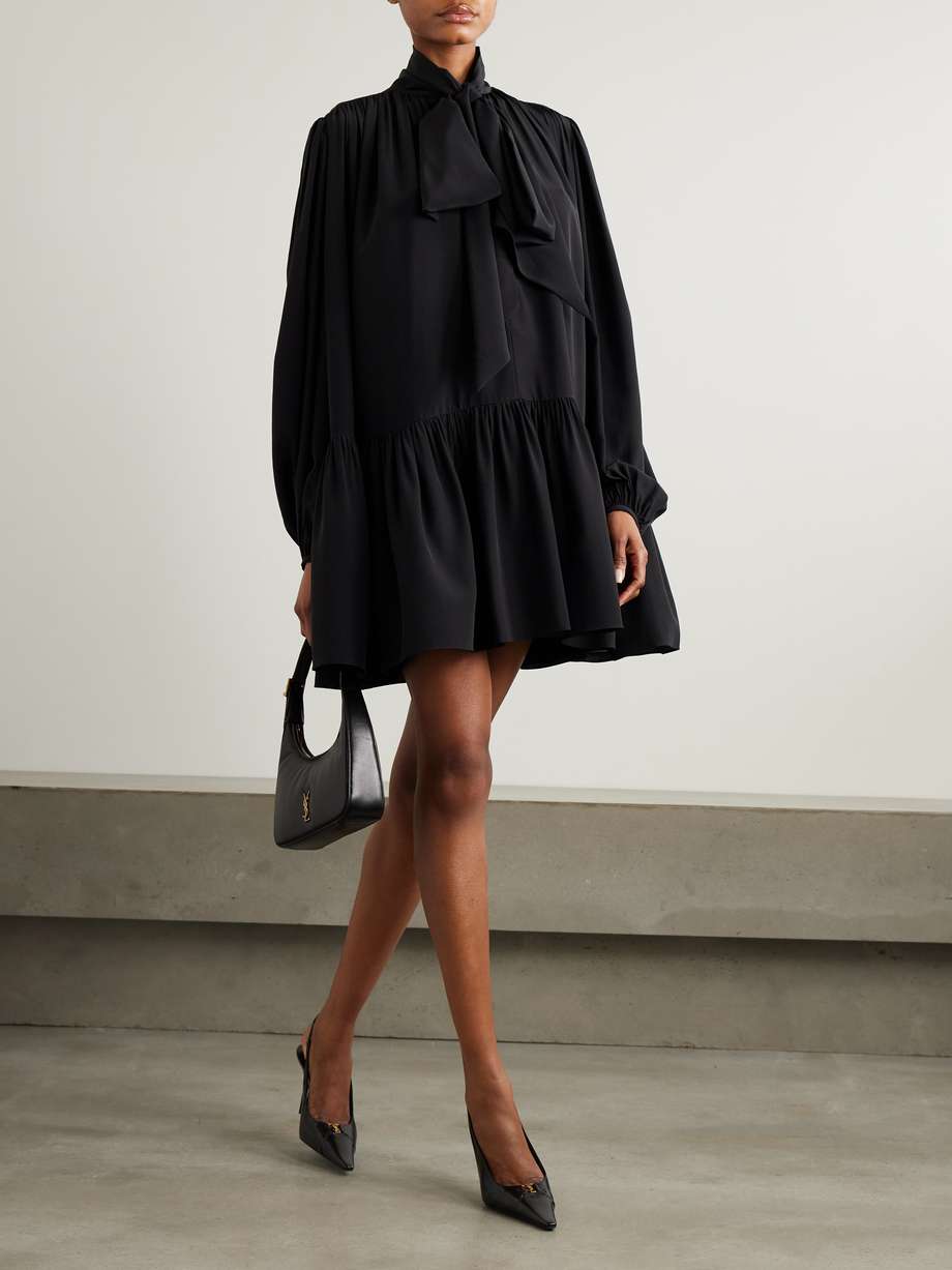 pussy-bow gathered silk crepe de chine mini dress