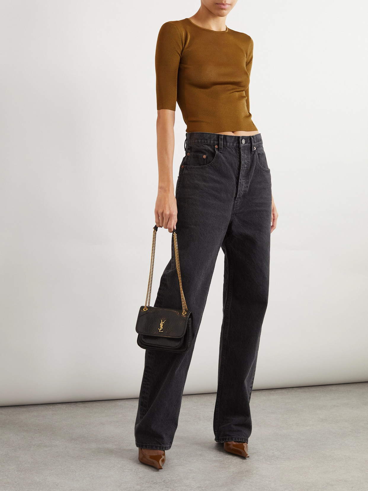 Saint Laurent Embellished Knitted Top In Brown