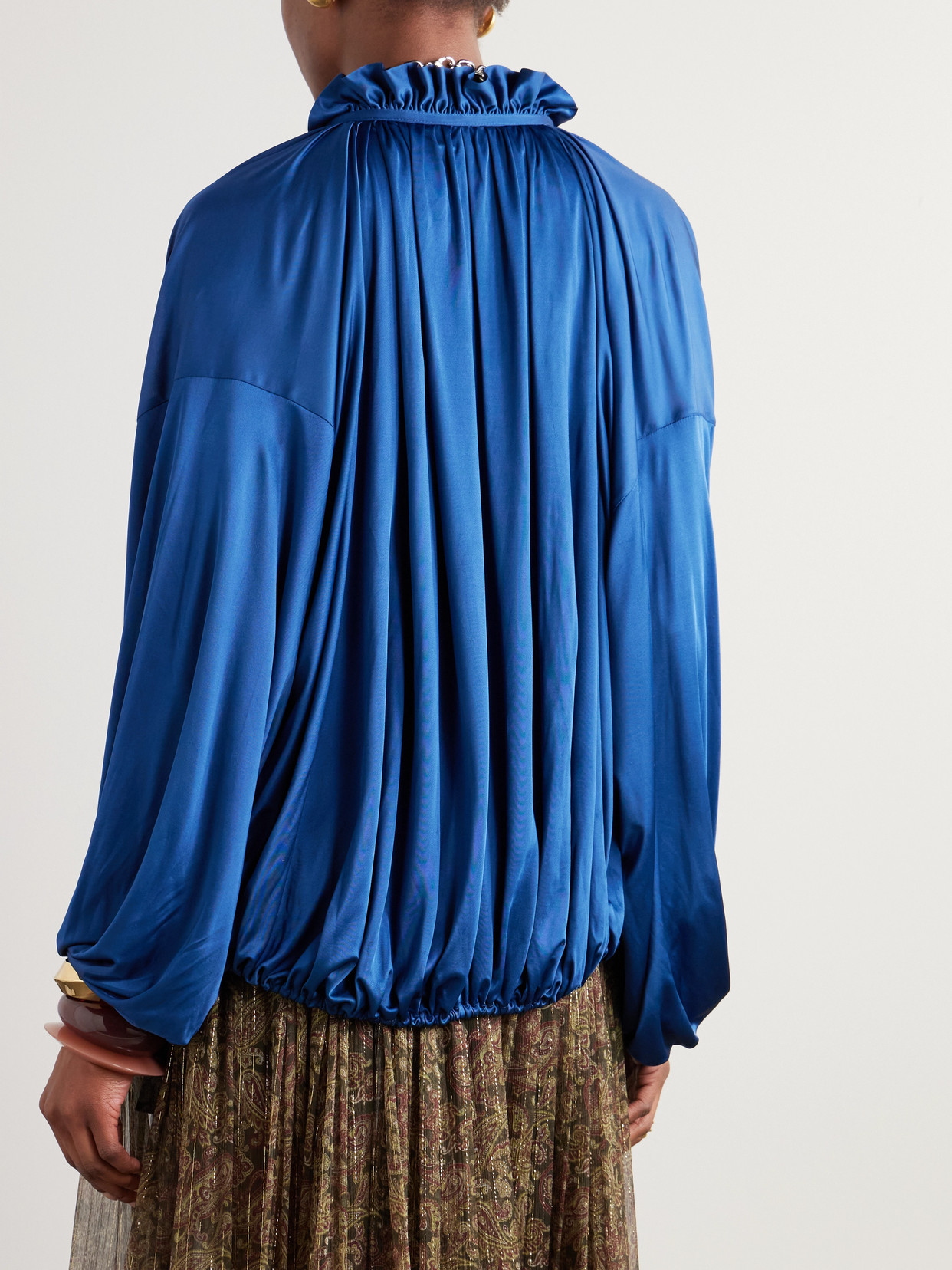 Saint Laurent Ruffled Satin-jersey Blouse In Blue
