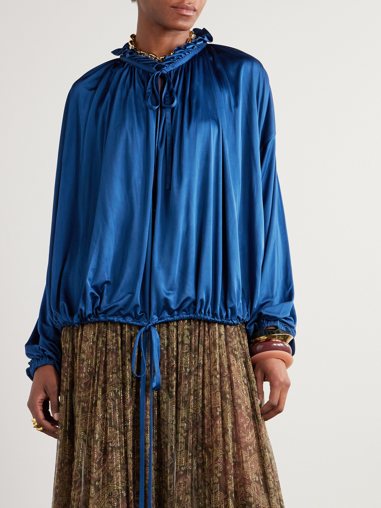 Saint Laurent Ruffled Satin-jersey Blouse In Blue