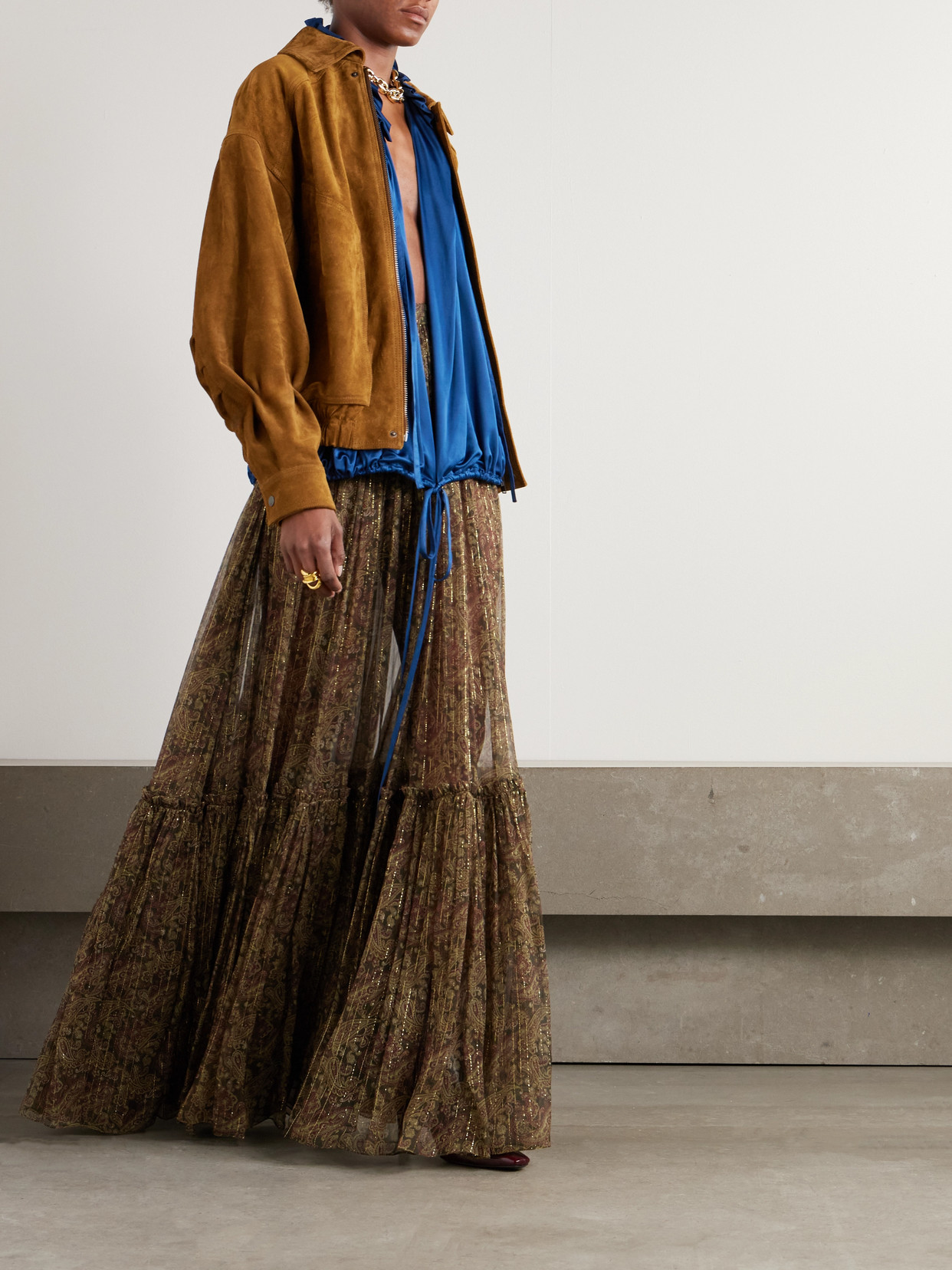 Saint Laurent Ruffled Satin-jersey Blouse In Blue