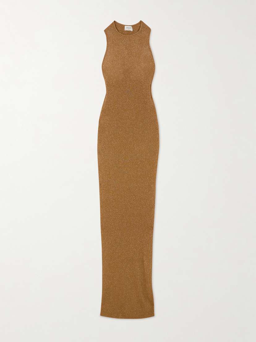 Saint Laurent etallic Ribbed-knit axi Dress