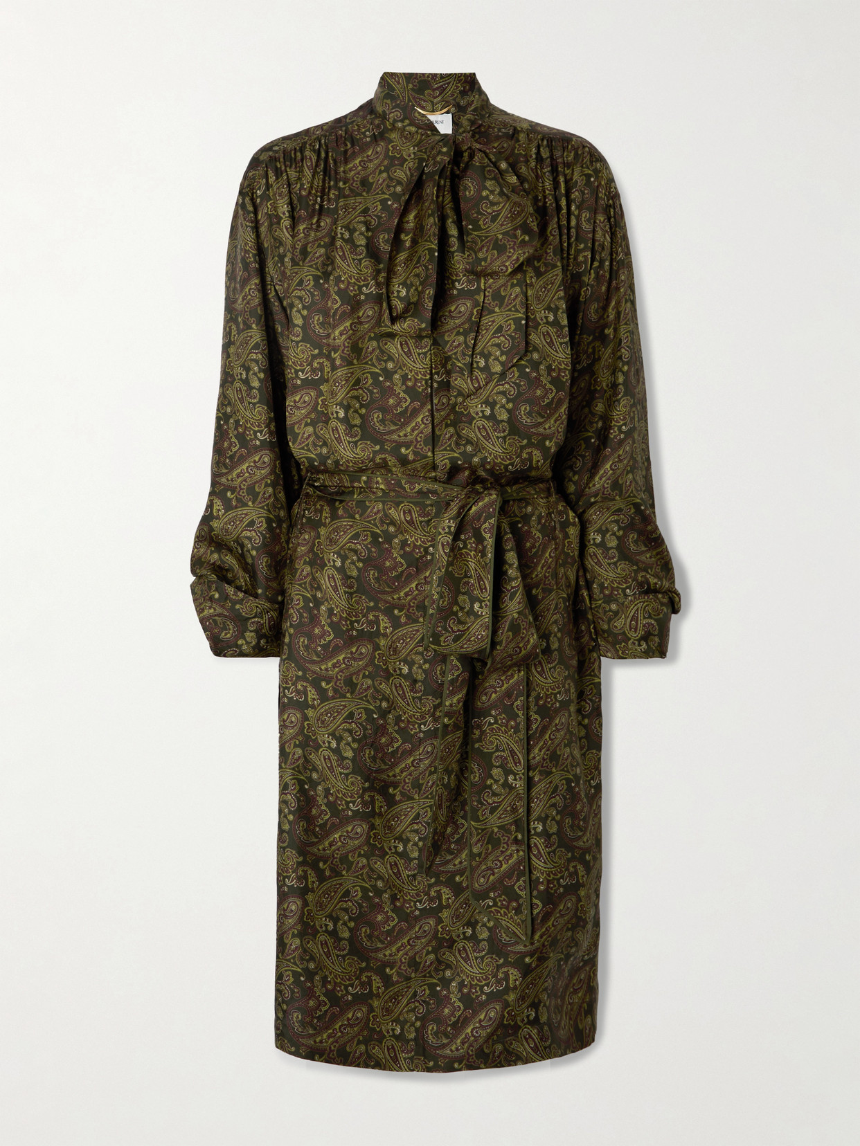 Saint Laurent Pussy-bow Belted Paisley-print Silk-twill Mini Dress In Green