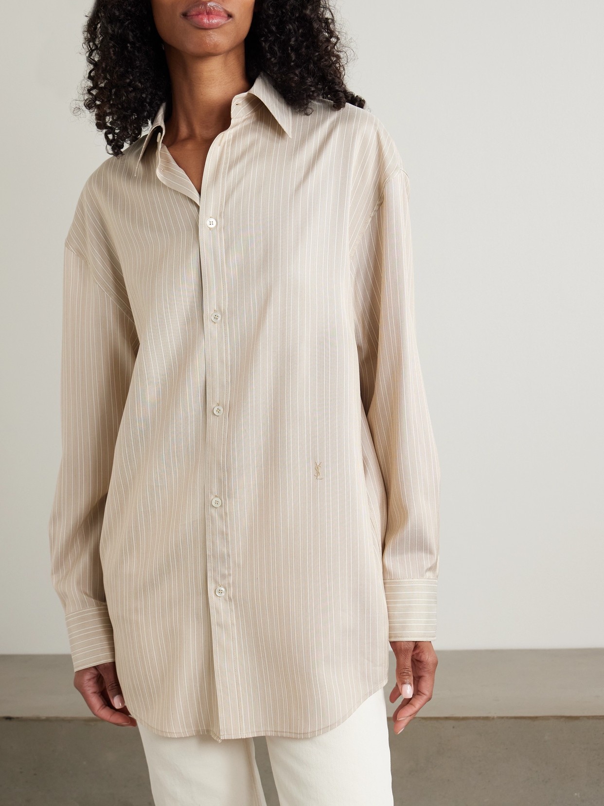 Saint Laurent Embroidered Striped Silk Shirt In Neutrals
