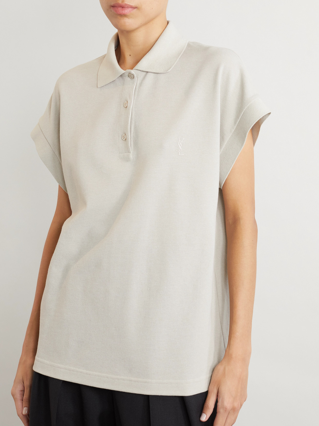 Saint Laurent Cassandra Cap Sleeve Polo Top In Gray