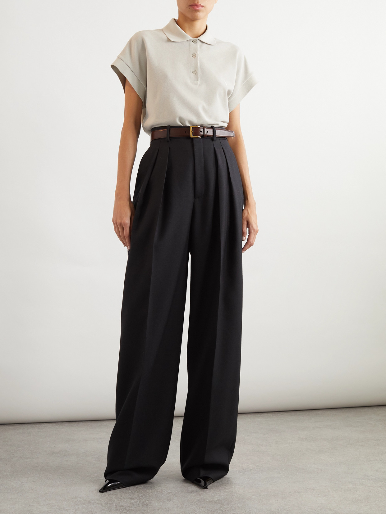 Saint Laurent Cassandra Cap Sleeve Polo Top In Gray