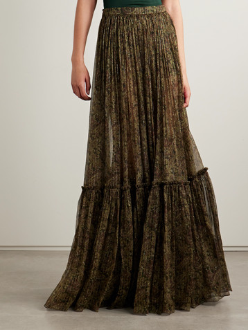 Saint Laurent Tiered metallic paisley-print silk-blend crepon maxi skirt