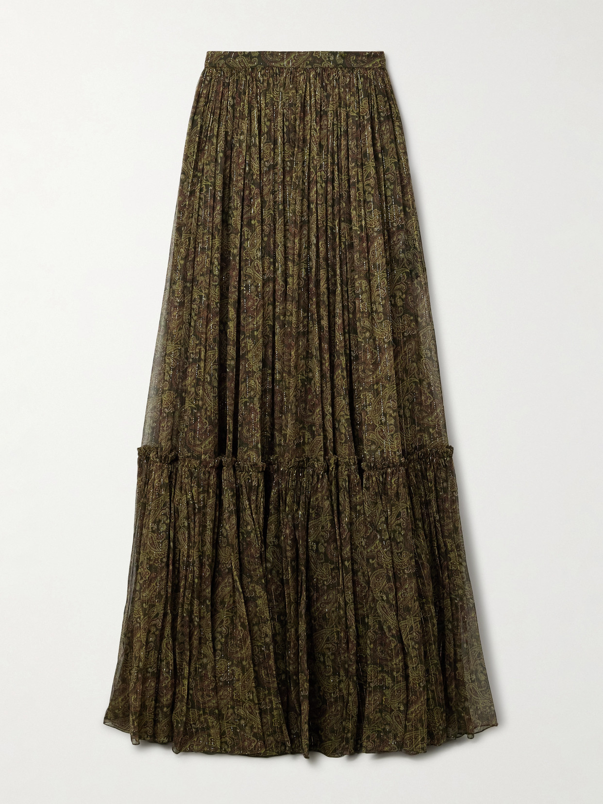 SAINT LAURENT - Tiered Metallic Paisley-print Silk-blend Crepon Maxi Skirt - Green