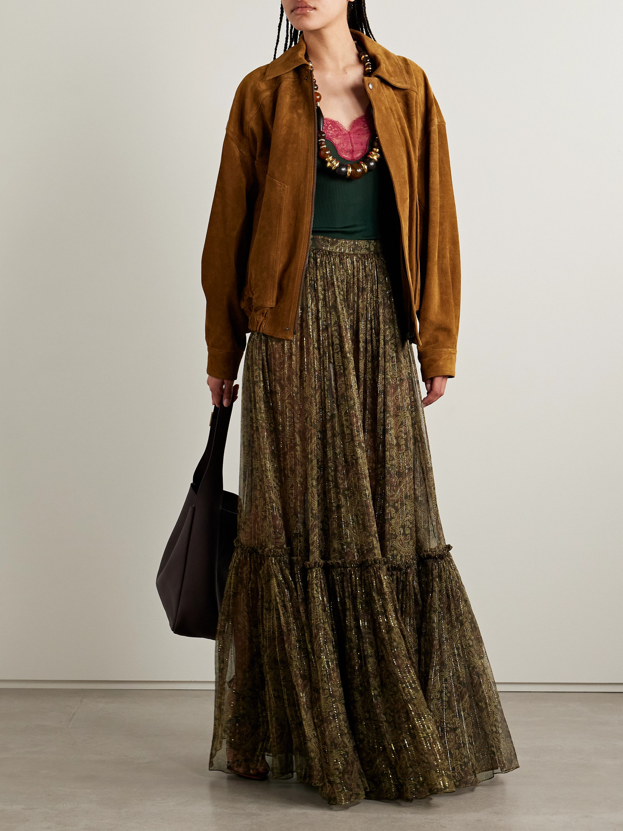 Saint Laurent Tiered Maxi Skirt In Brown
