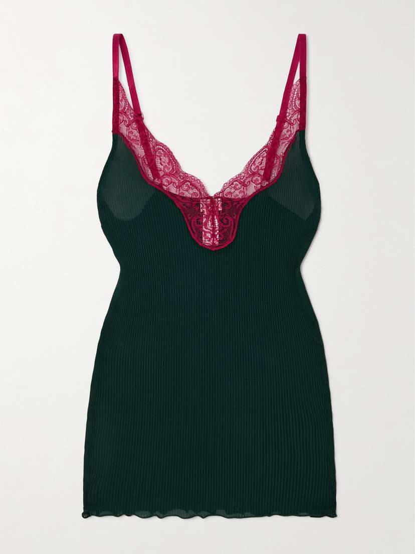 Saint Laurent Lace-trimmed Ribbed Silk Tank