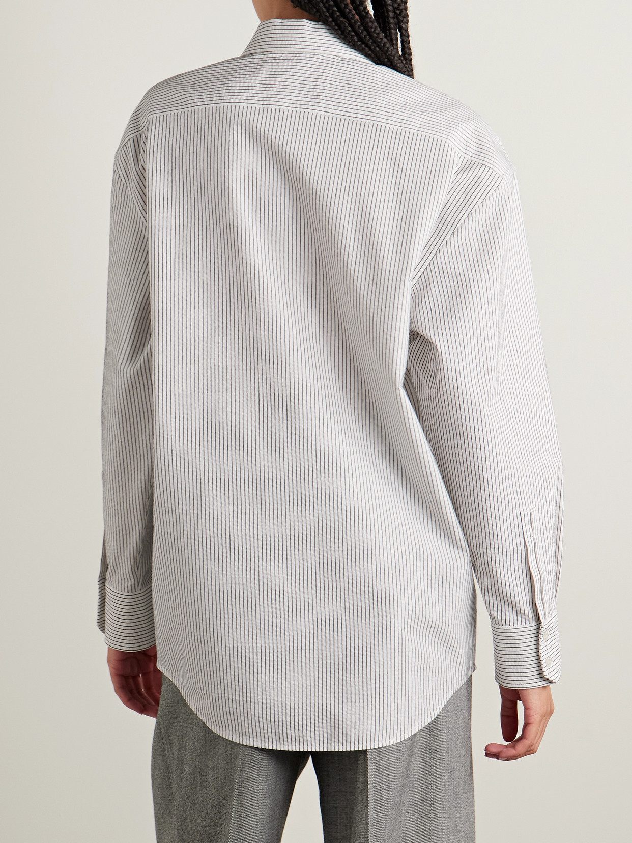 Saint Laurent Grey Shirt With Cassandre Embroidery And All-over Striped Motif In Cotton Woman In White