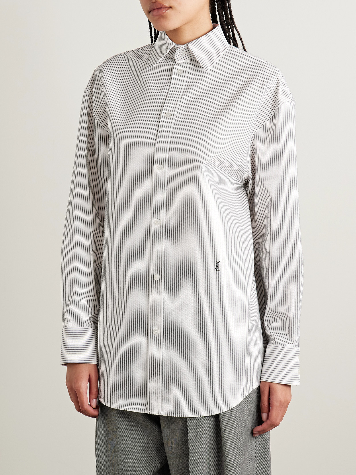 Saint Laurent Grey Shirt With Cassandre Embroidery And All-over Striped Motif In Cotton Woman In White