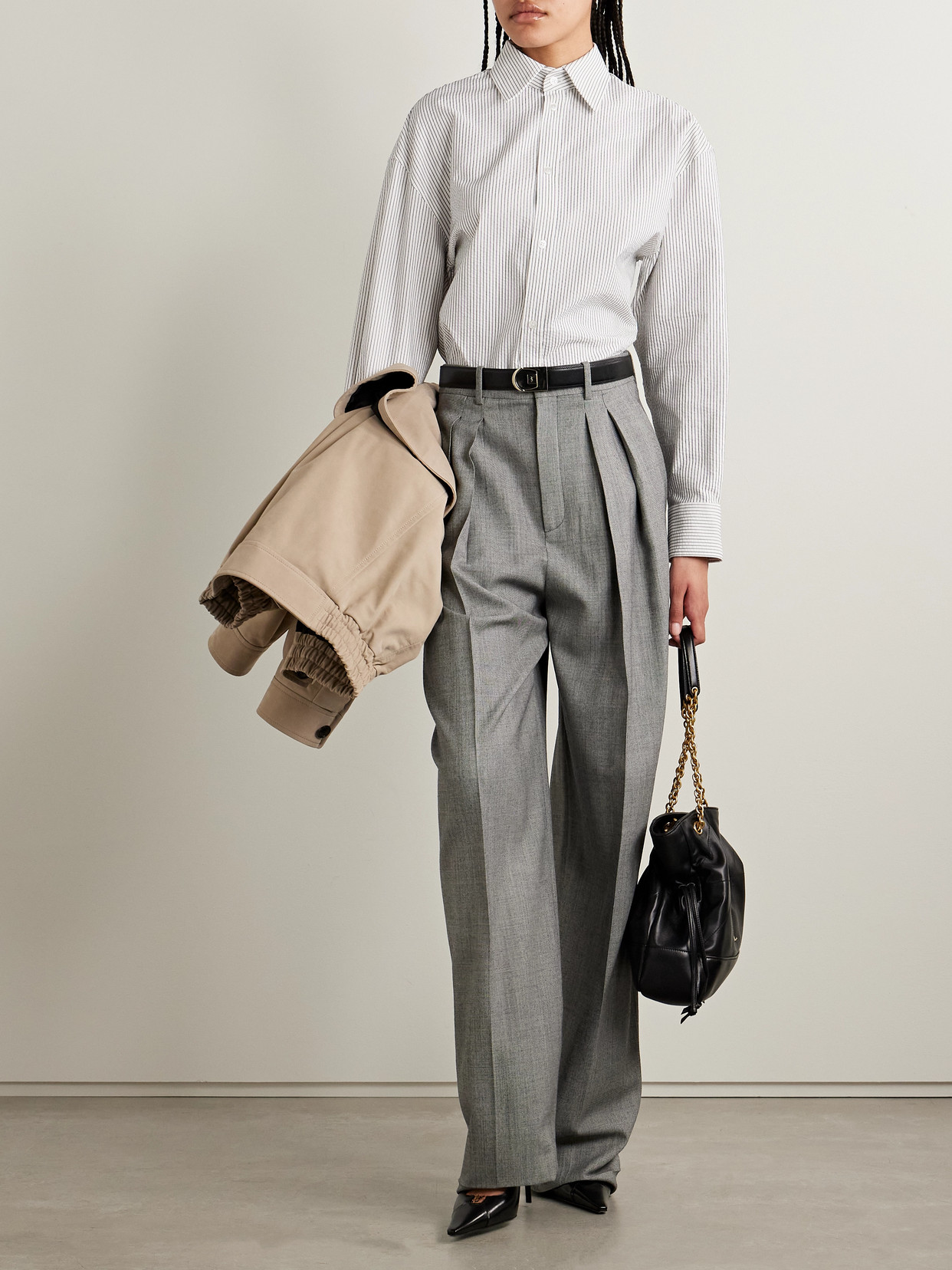 Saint Laurent Grey Shirt With Cassandre Embroidery And All-over Striped Motif In Cotton Woman In White