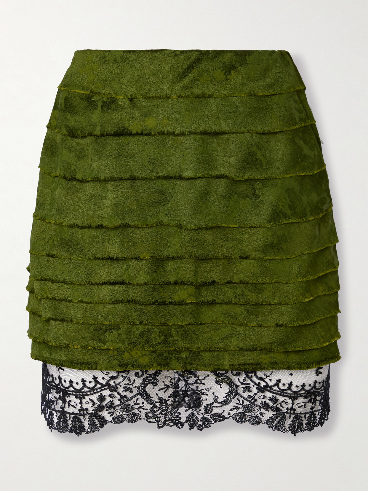 Saint Laurent Layered Cotton And Silk-blend Lace-trimmed Jacquard Mini Skirt In Green