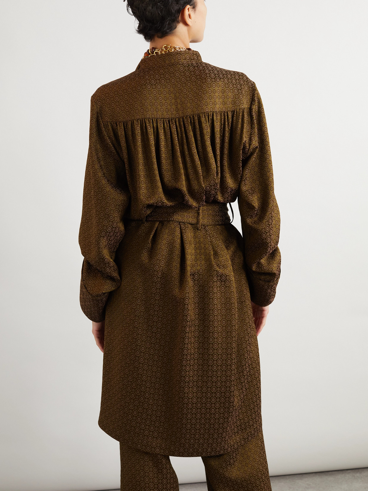 Saint Laurent Belted High-collar Dress In Patterned Fabric In Green