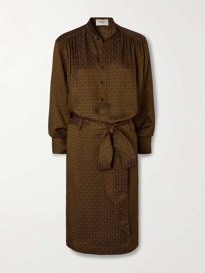 Saint Laurent Belted Printed Silk Shirt Dress