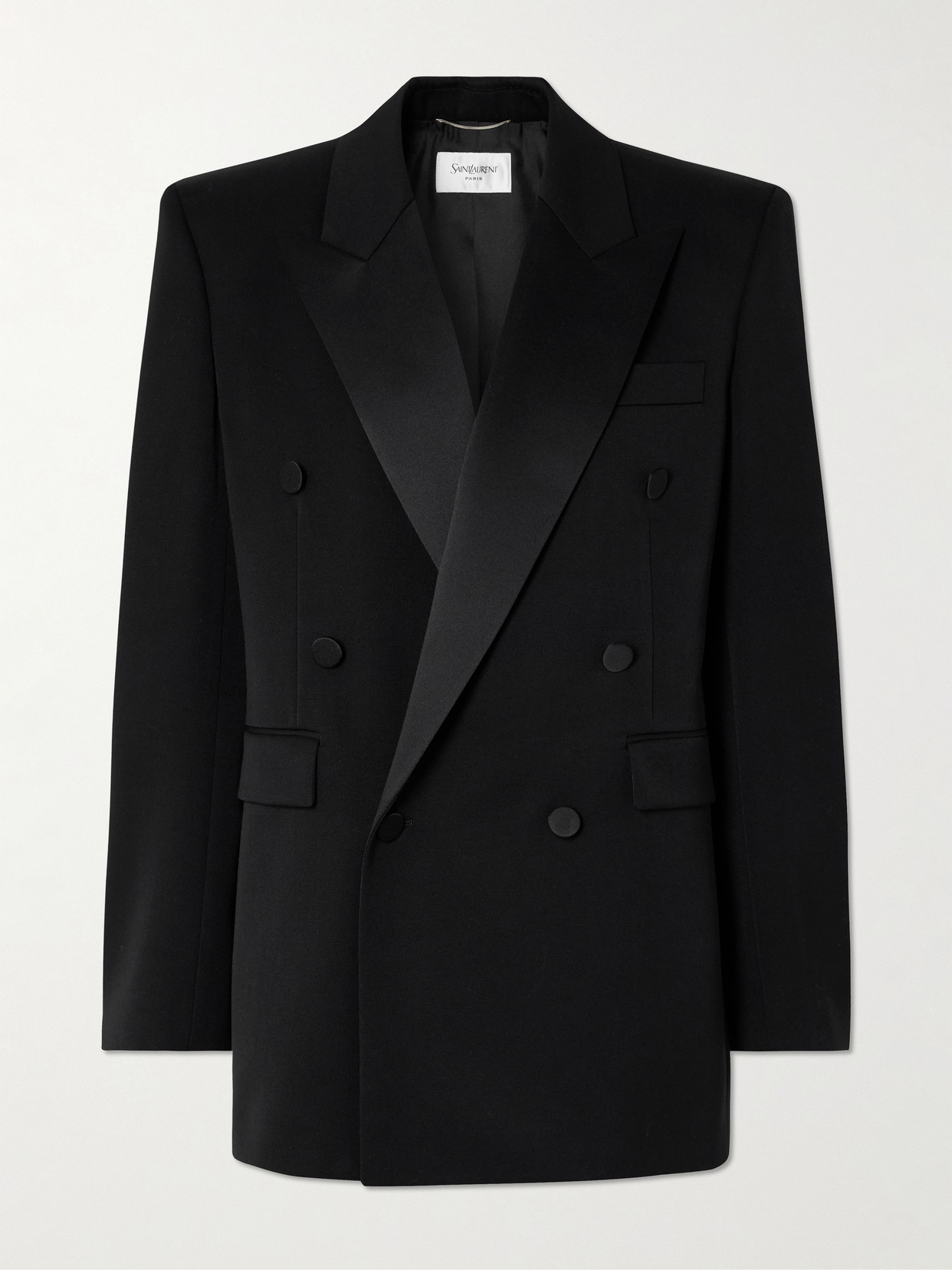 Saint Laurent Double-breasted Satin-trimmed Wool Blazer In Black