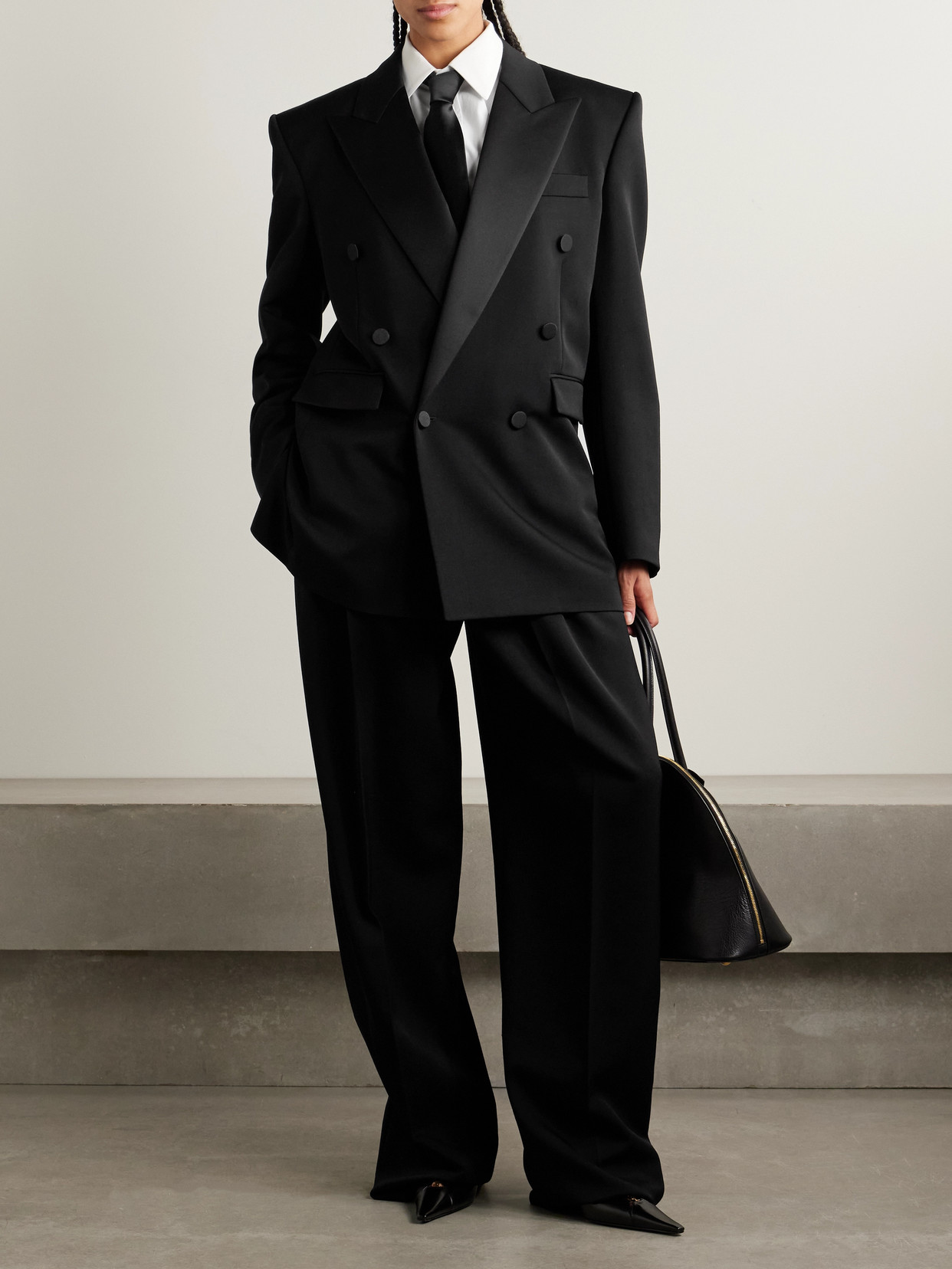 Saint Laurent Double-breasted Satin-trimmed Wool Blazer In Black
