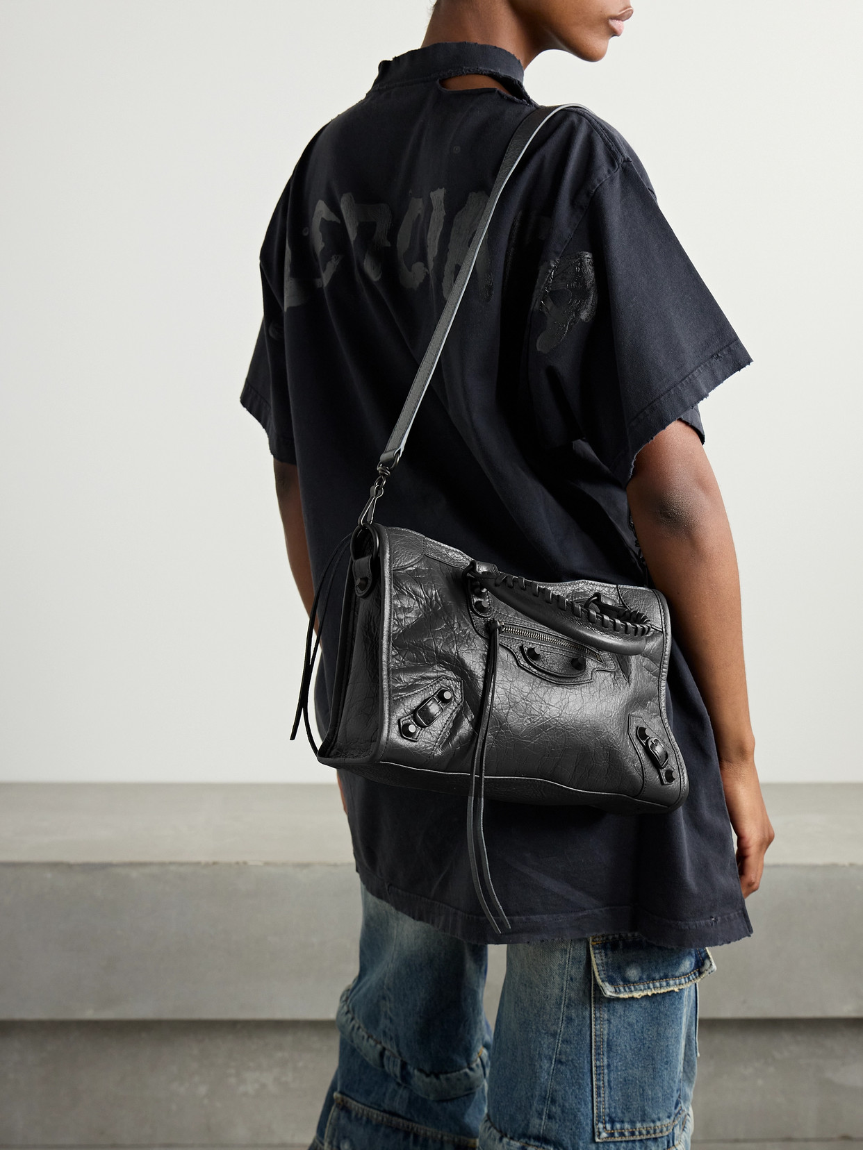 Balenciaga Le City Small Embellished Textured-leather Tote In Black