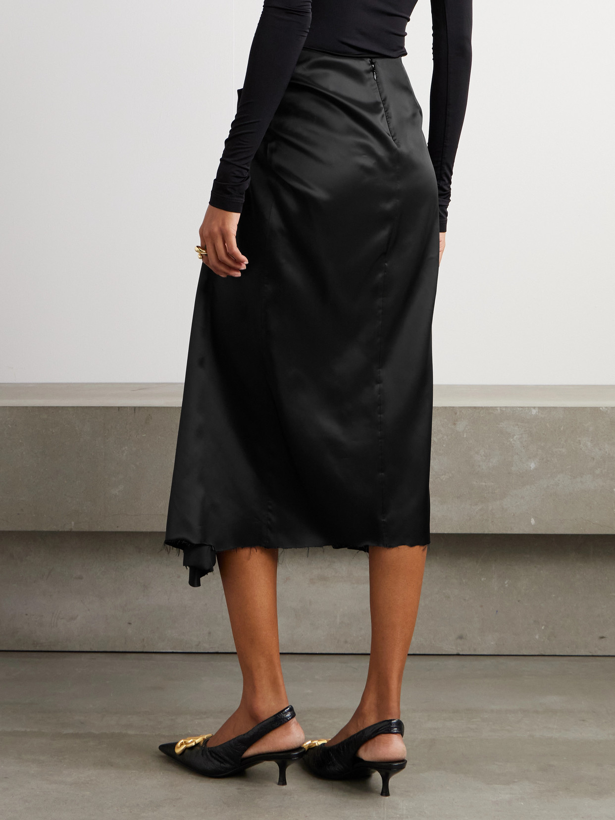 Balenciaga Asymmetric Frayed Gathered Draped Satin Midi Skirt In Black