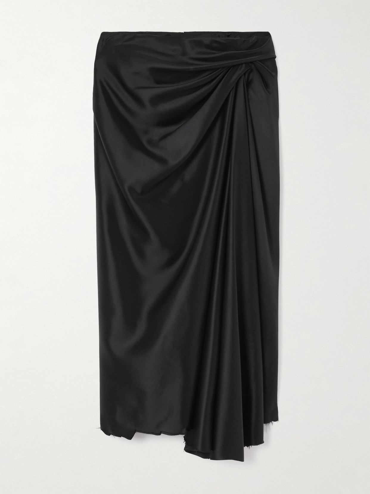 Balenciaga Asymmetric Frayed Gathered Draped Satin Midi Skirt In Black